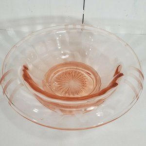 Vintage Pink Depression Glass Etched Rolled Rim Bowl stripes floral garland 7.5"